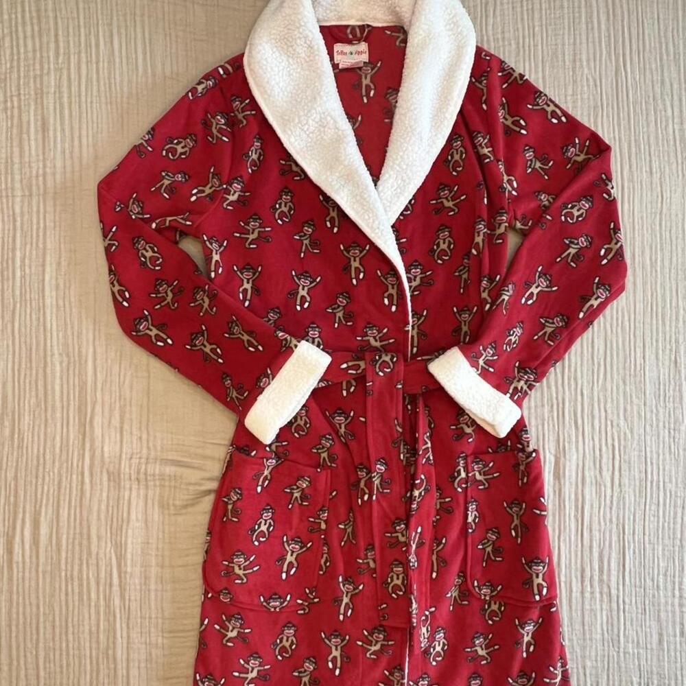 Toffee Apple red and white sock monkey pattern bathrobe